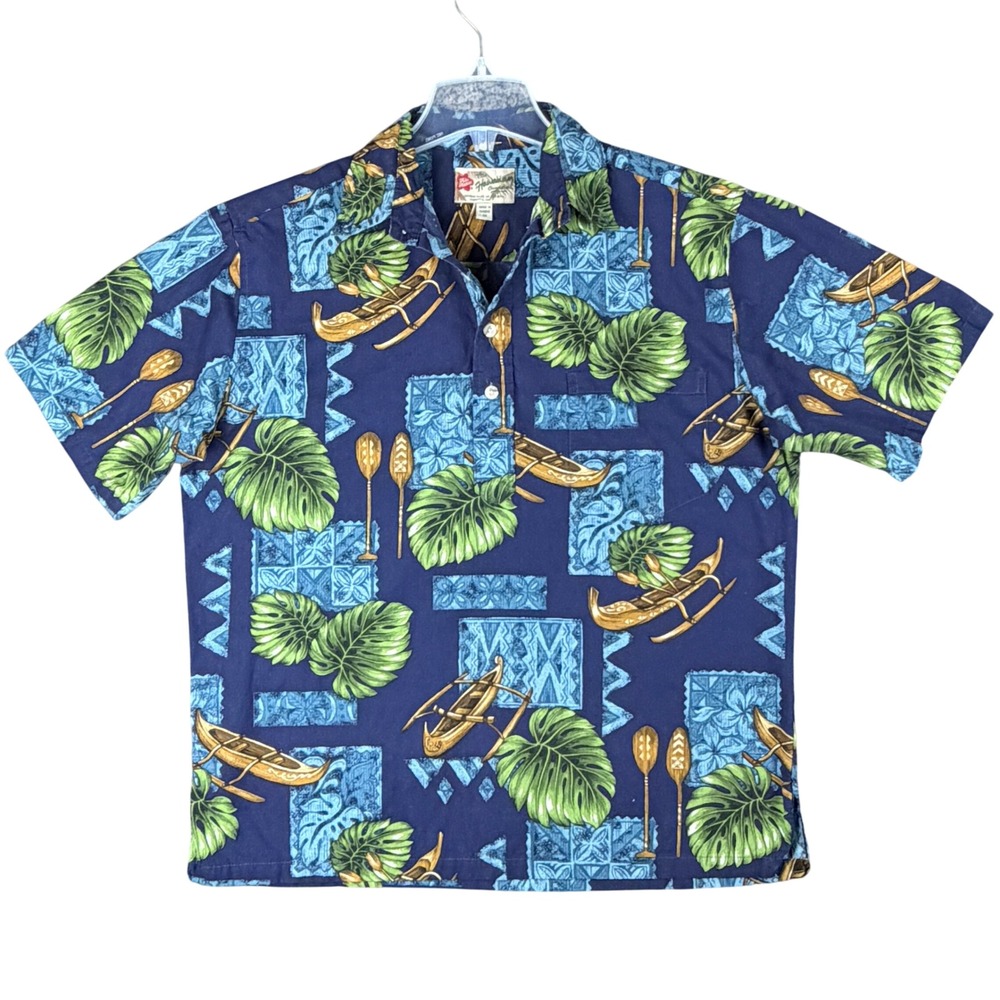 Hilo Hattie Hawaiian Original Men's M Navy Blue Shirt Monstera Leaves Canoe Camp
